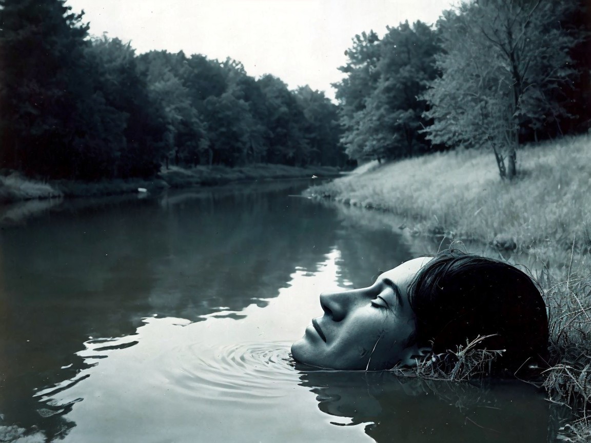 Black and White Photo of Woman in Reflective Water
