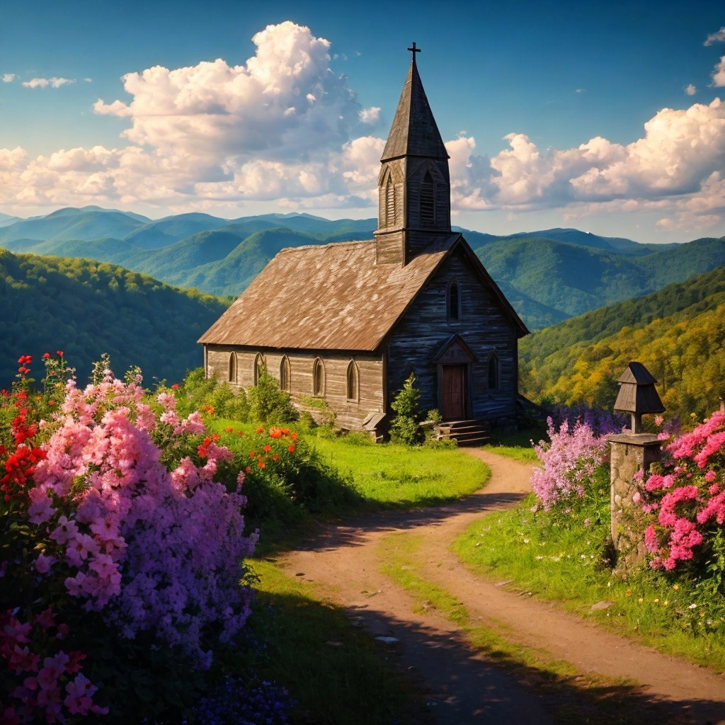 Wooden Church in Vibrant Flower Landscape and Hills