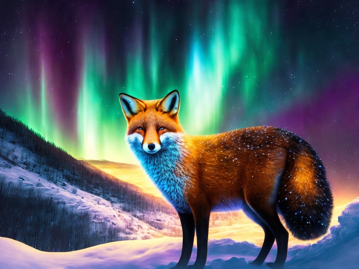 Fox in Snowy Landscape Under Northern Lights