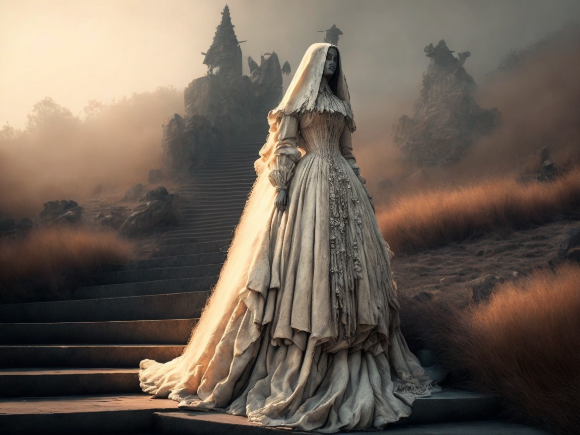 Mysterious figure in vintage gown on stone steps