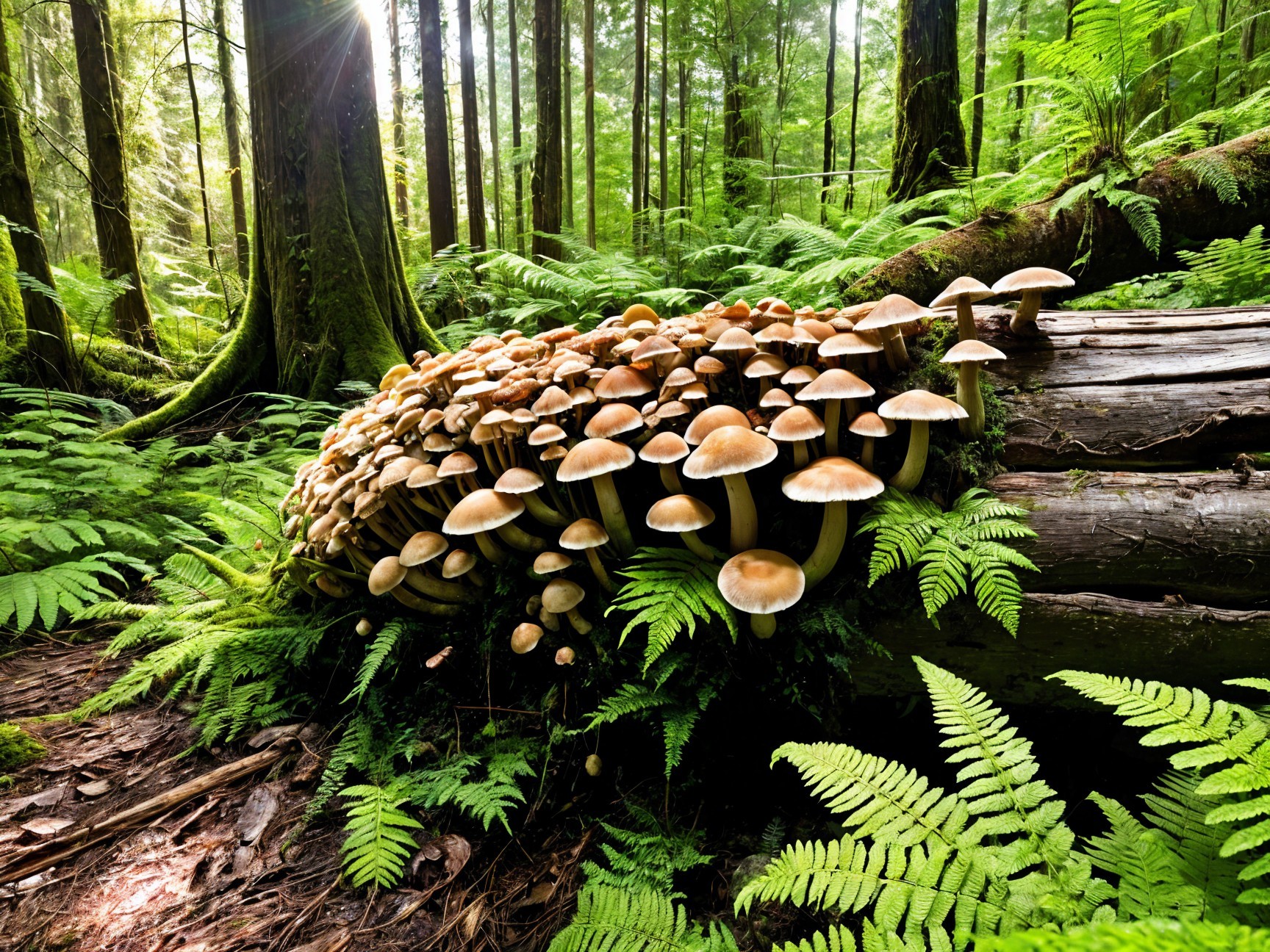 Vibrant Forest Scene with Mushrooms and Ferns