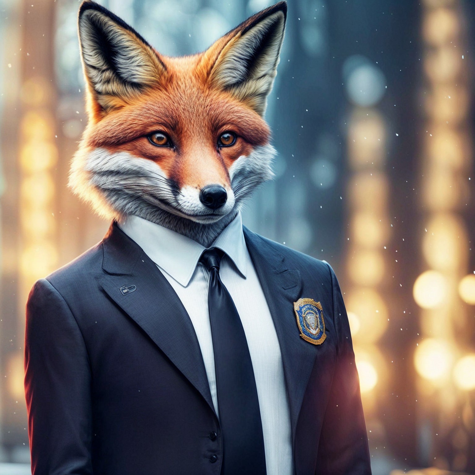 Humanoid Figure in Black Suit with Fox Head in Urban Setting