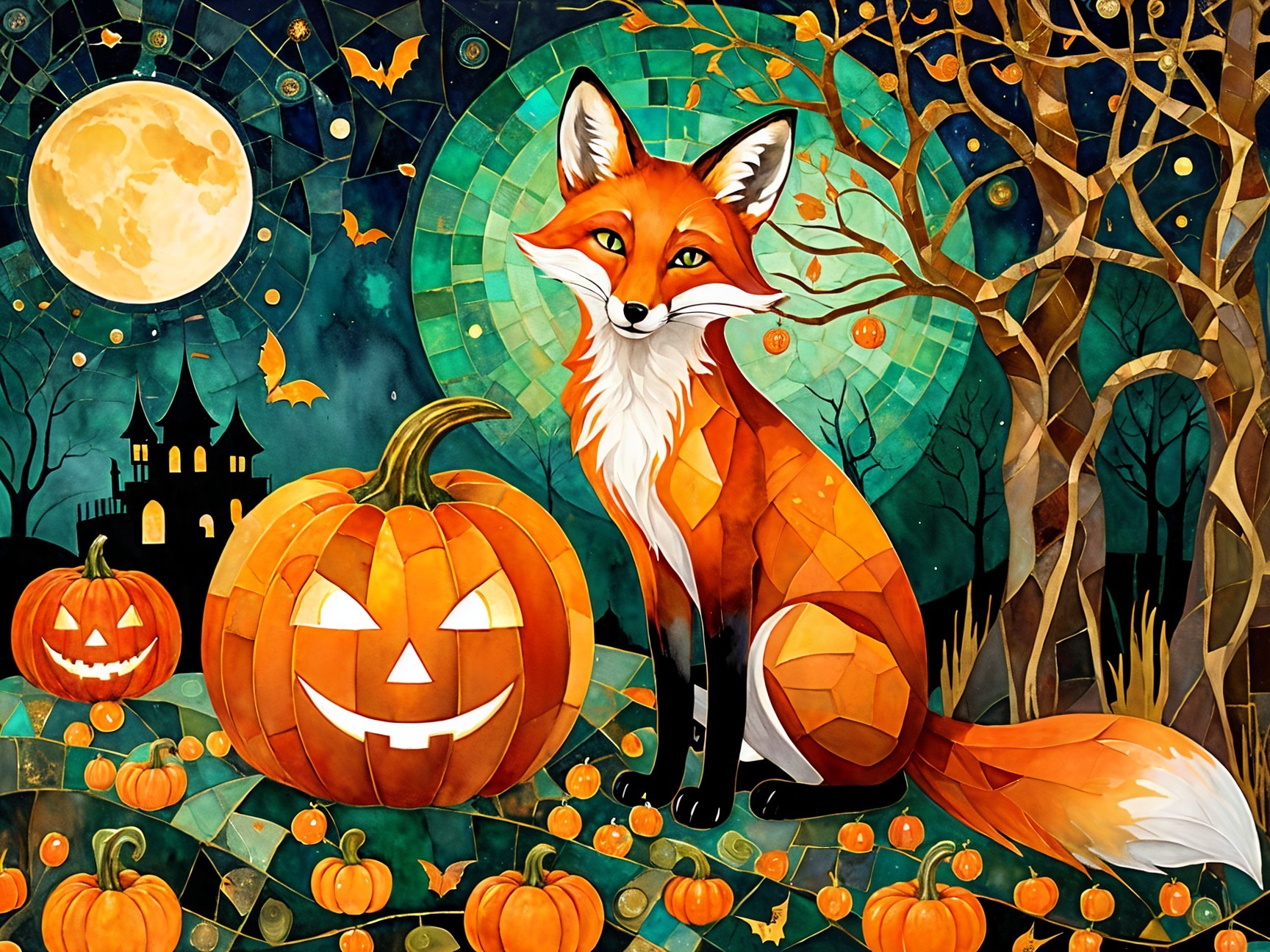 Stained-Glass Illustration of Fox and Halloween Scene