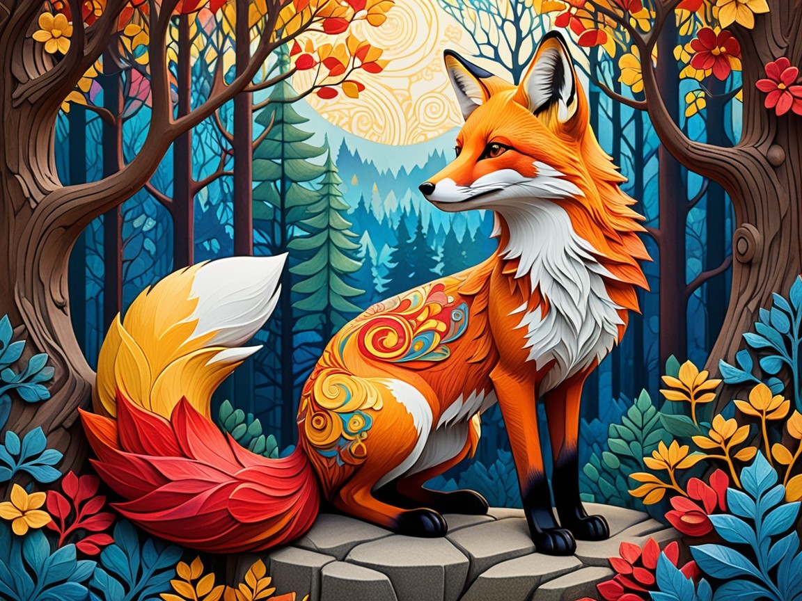 Vibrant Fox in a Lush Forest Under a Glowing Moon