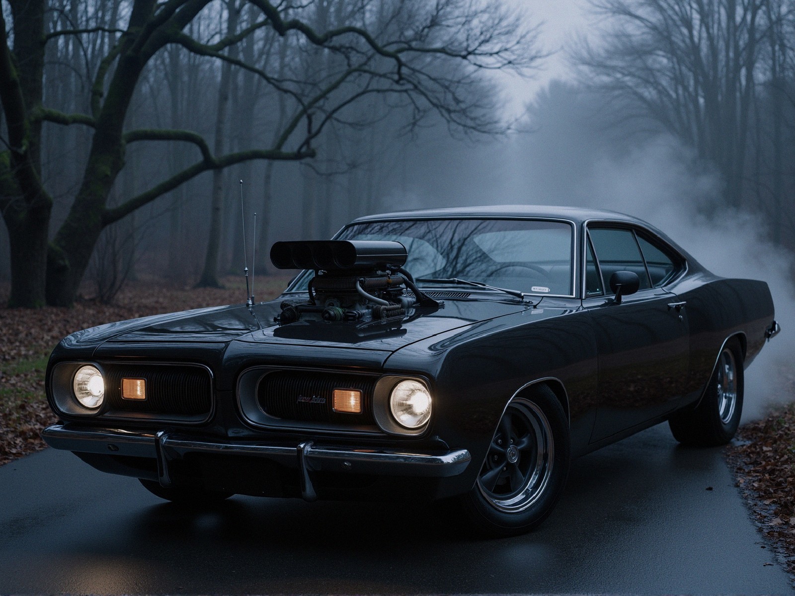 Classic Black Muscle Car on Misty Forest Road