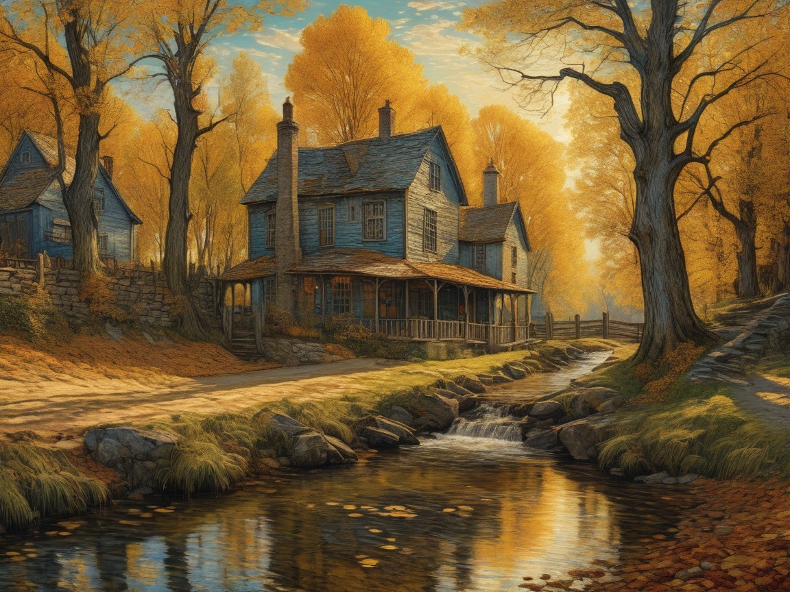 Autumn Landscape with Blue House and Stream