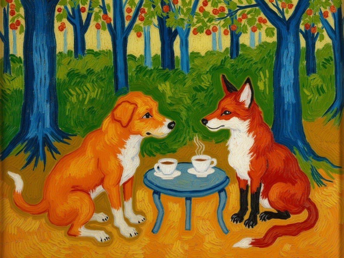 Colorful Landscape with Dog and Fox at Blue Table