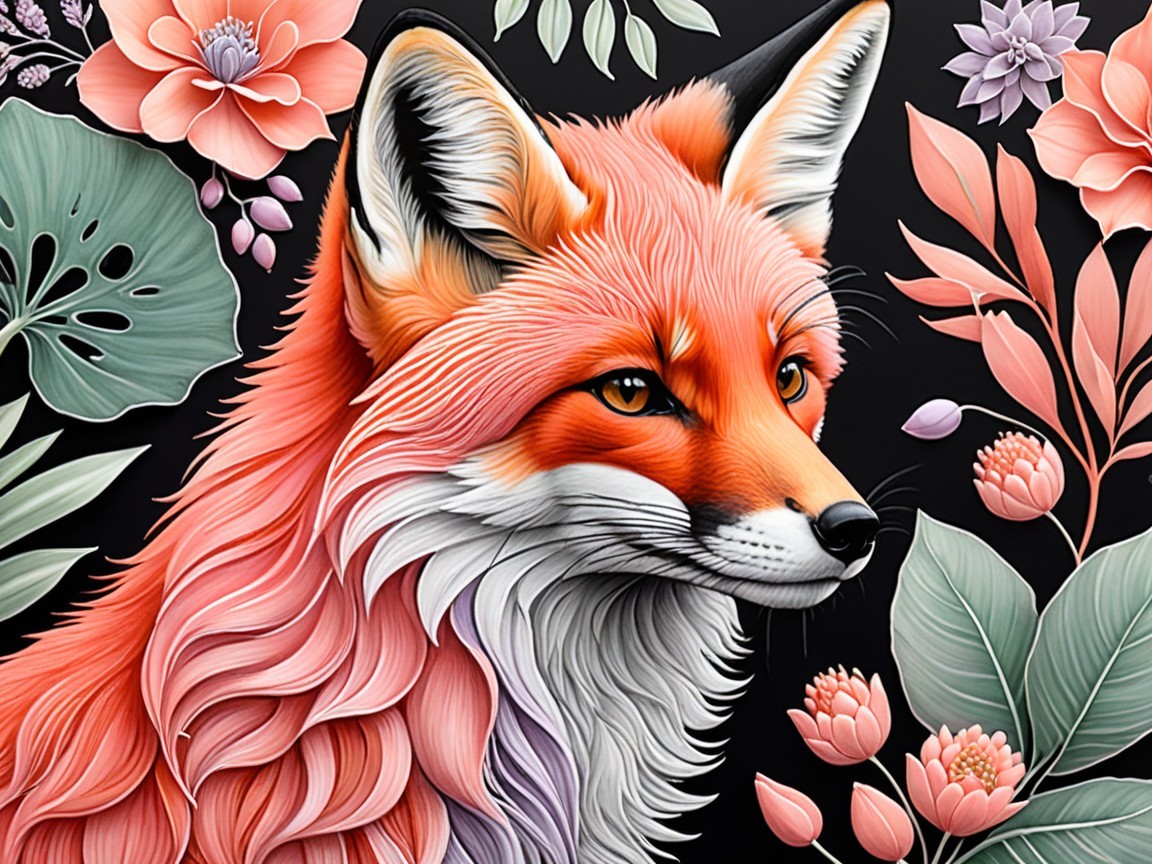 Stylized fox with floral designs on black background