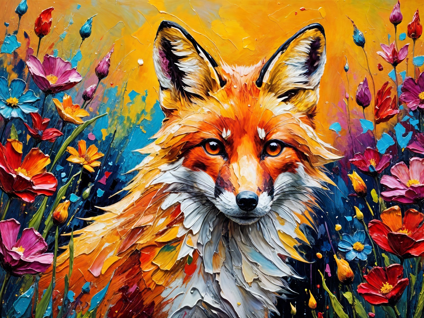 Vibrant Painting of a Fox Amid Colorful Flowers