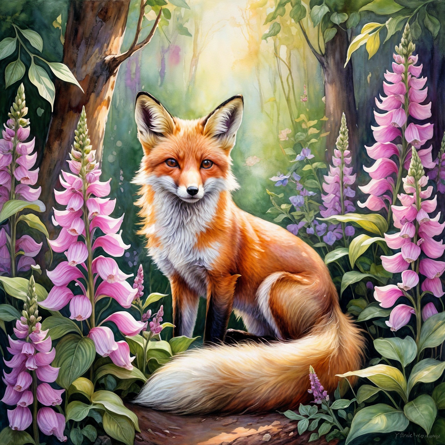 Realistic Painting of a Red Fox in Lush Greenery