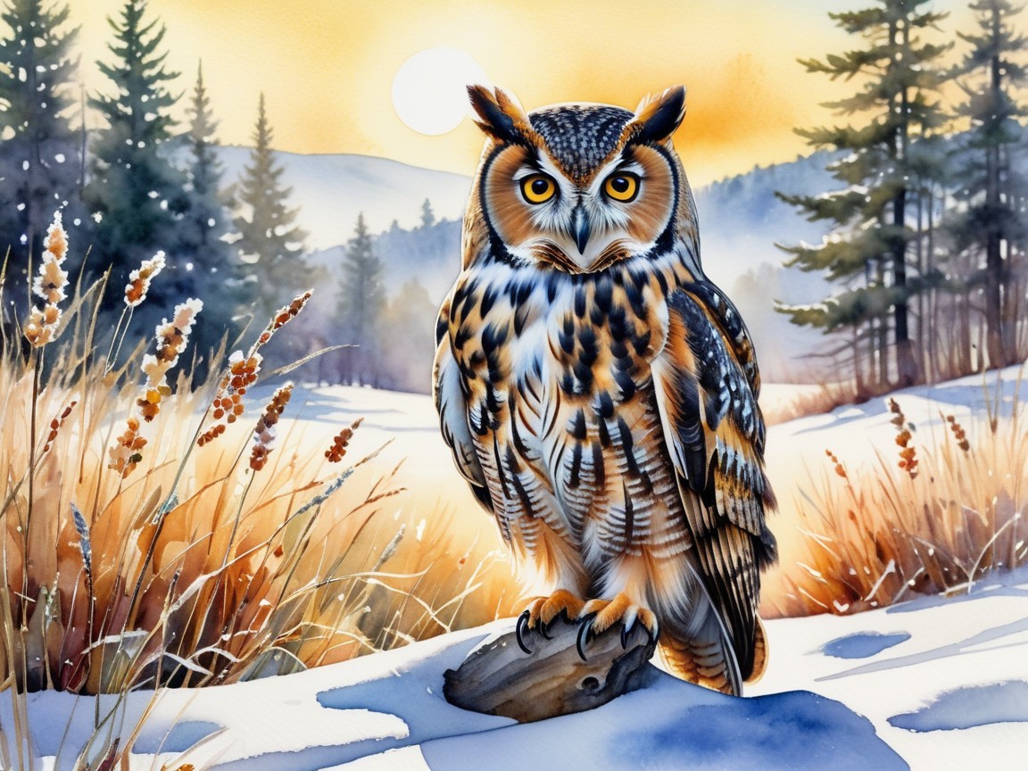 Majestic Owl in Serene Winter Landscape at Sunrise