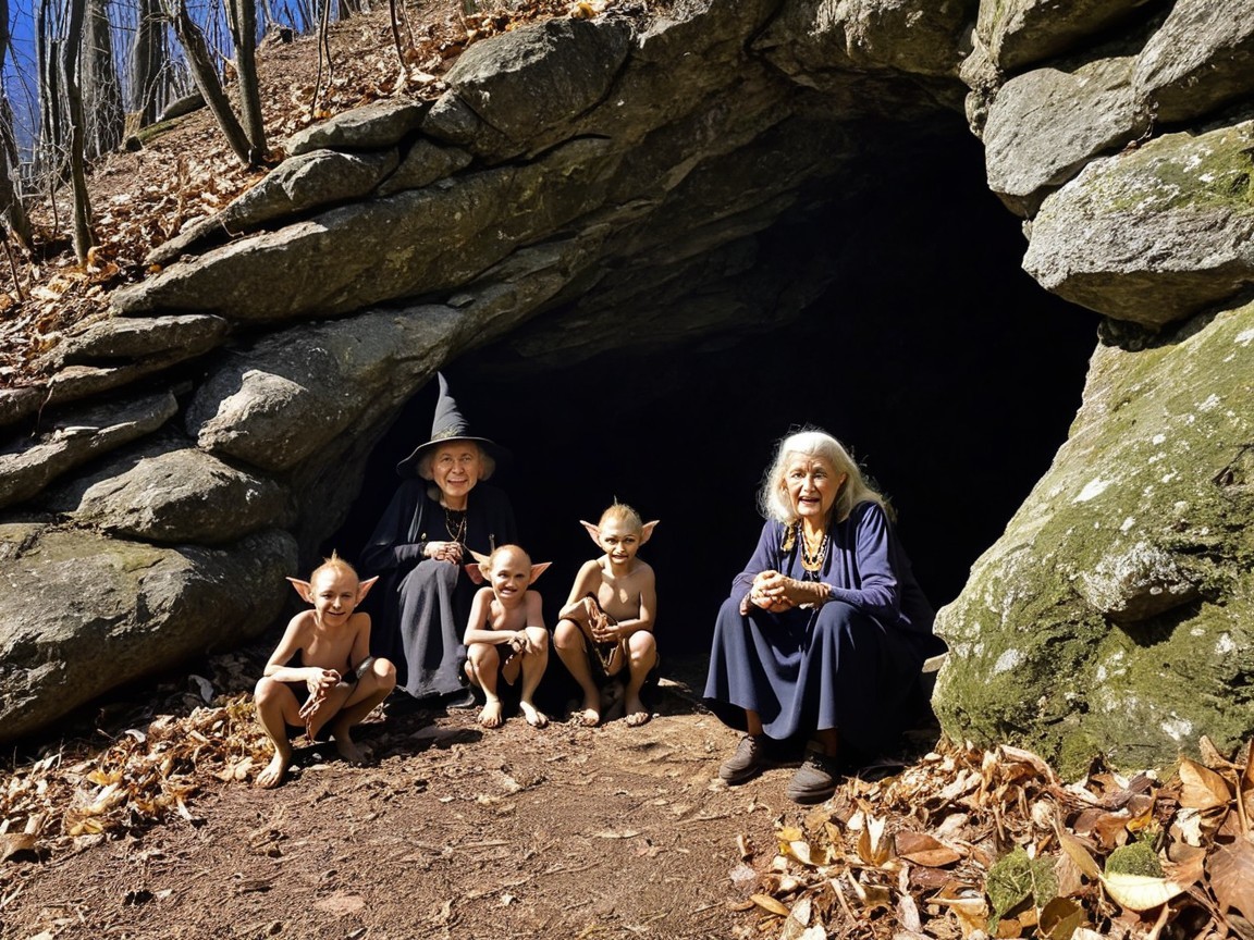 Elderly Women and Elf-Like Children in Forest Setting