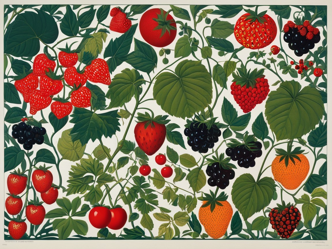 Vibrant Illustration of Various Fruits and Leaves