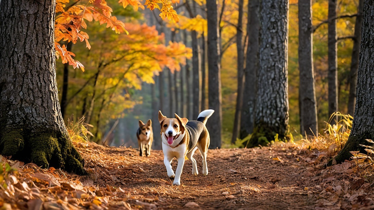 Joyful Dogs Walking on Autumn Forest Path