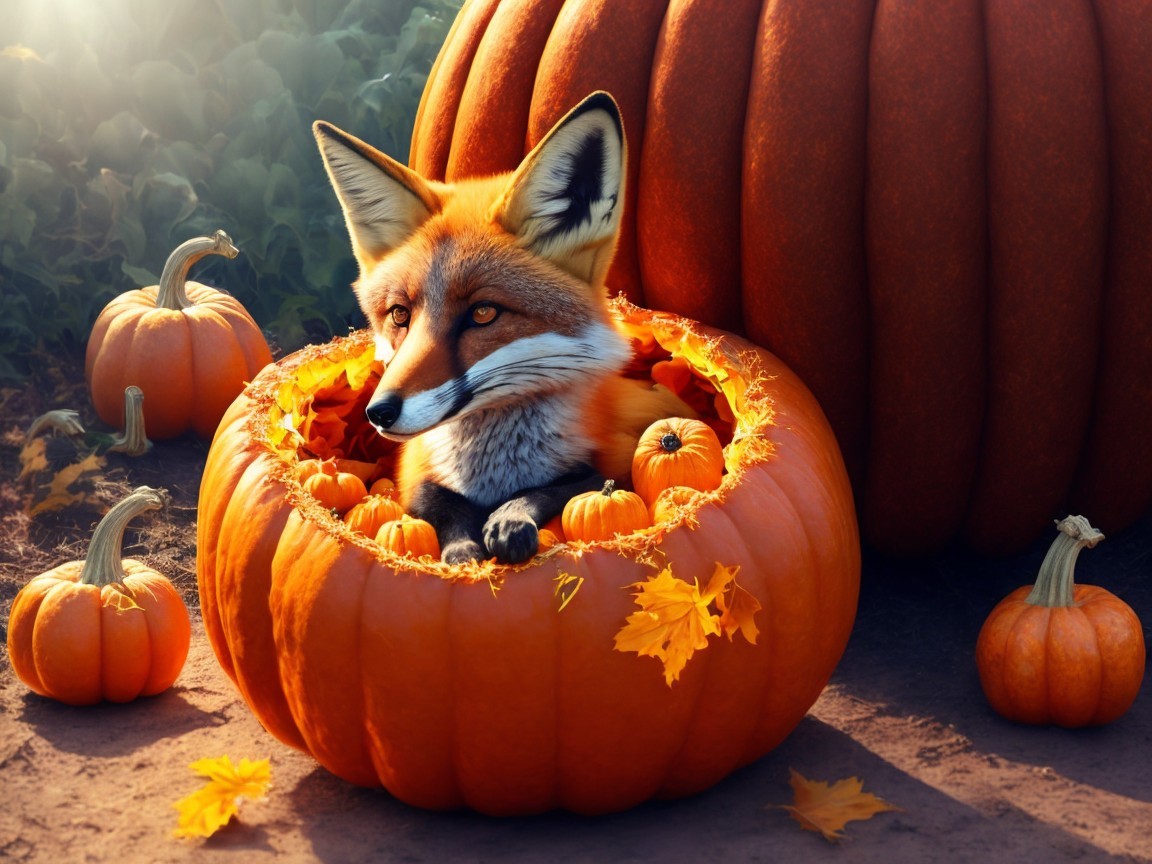 Whimsical fox in pumpkin surrounded by autumn leaves