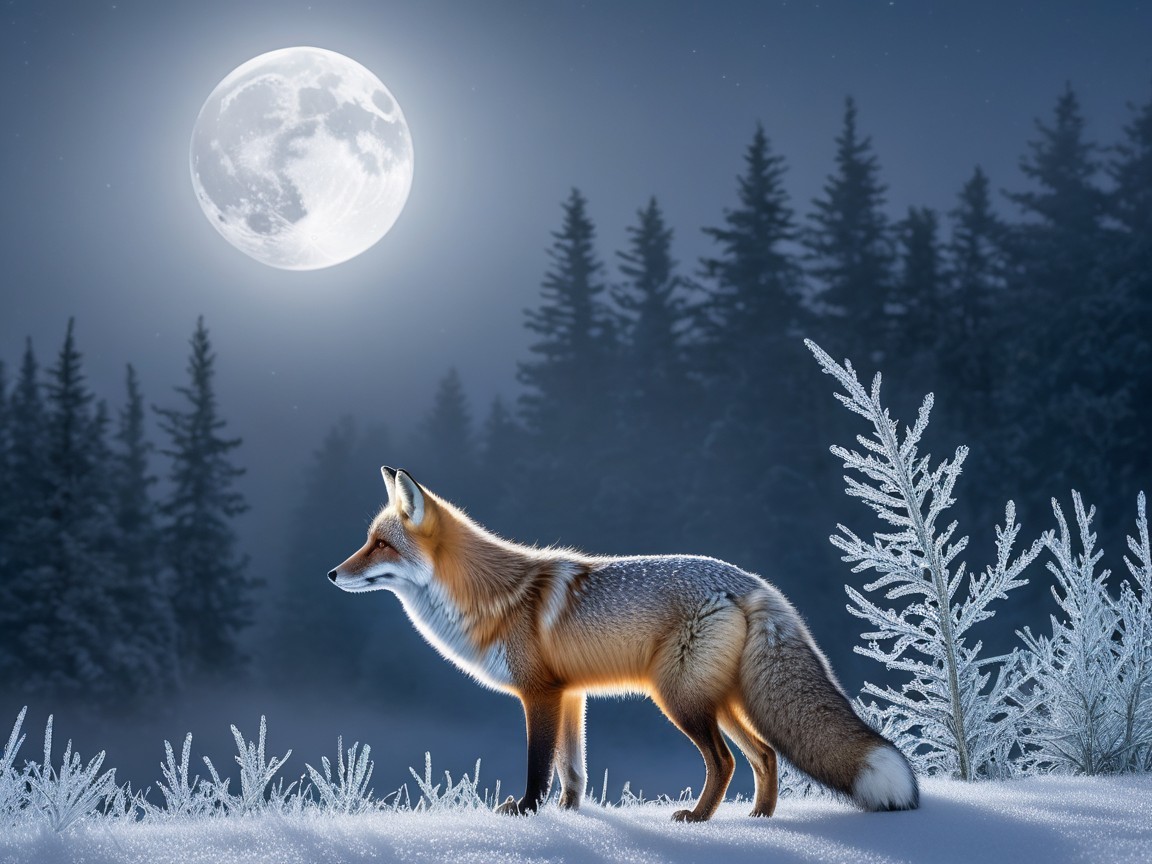 Fox in Snowy Landscape Under Full Moonlight