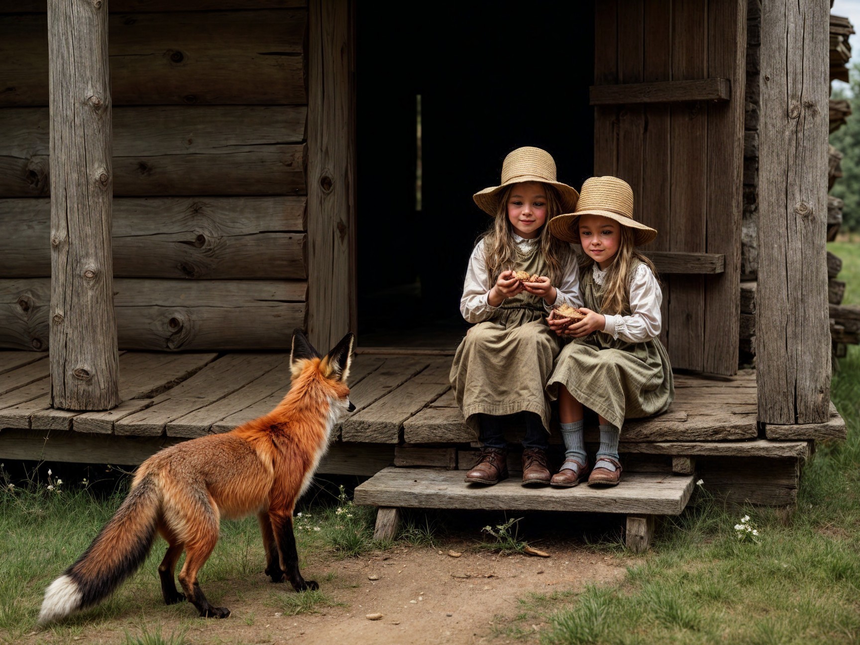 Young Girls with Fox at Rustic Cabin Steps
