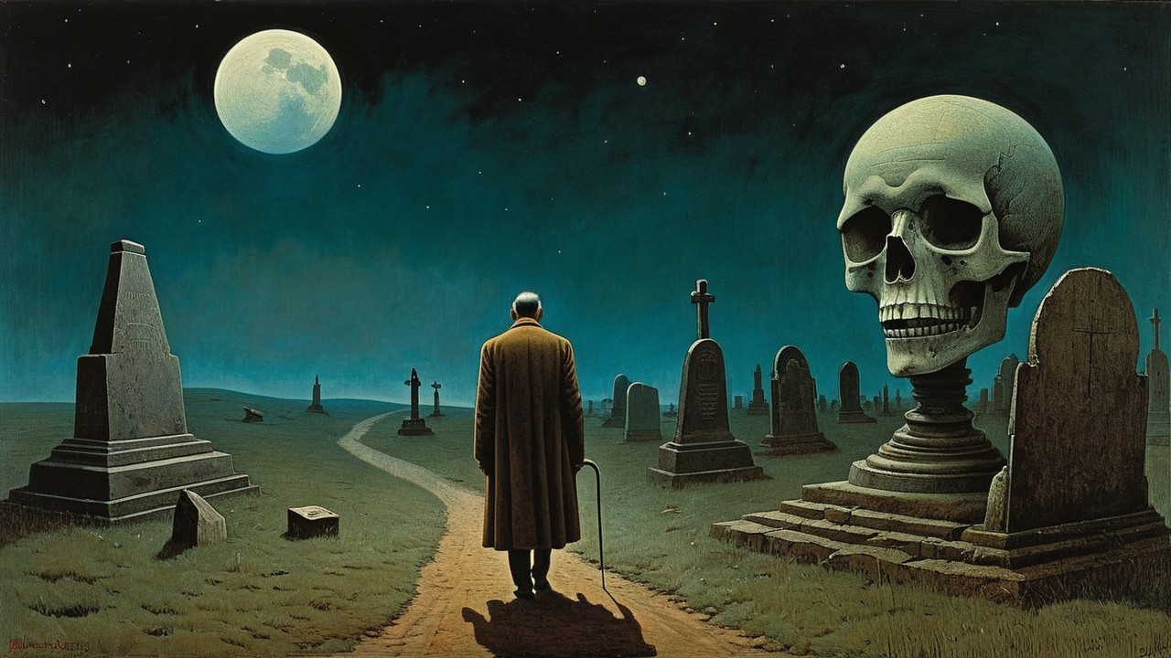 Solitary Figure in Graveyard Under Full Moonlight