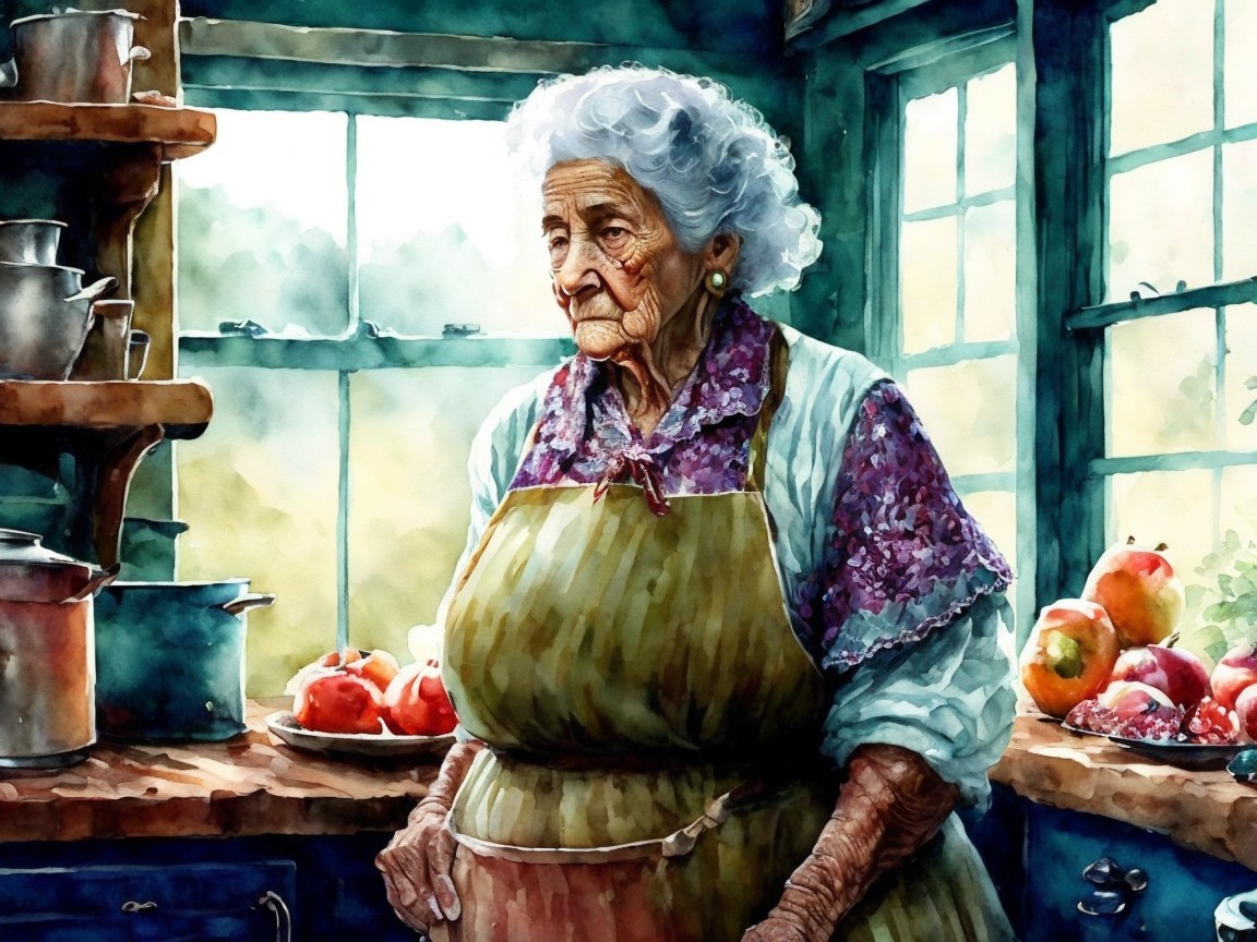 Wise Woman in Sunlit Kitchen with Apples and Warmth