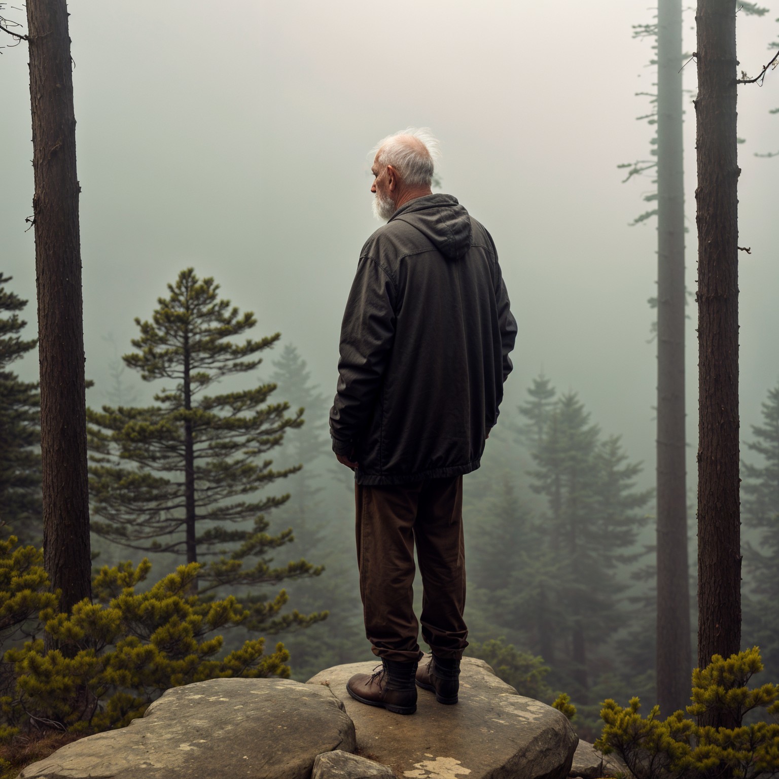 Solitary Figure in Misty Forest Landscape