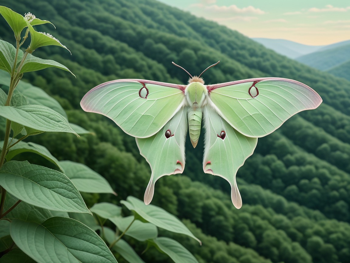 Pale Green Moth Above Lush Greenery and Hills