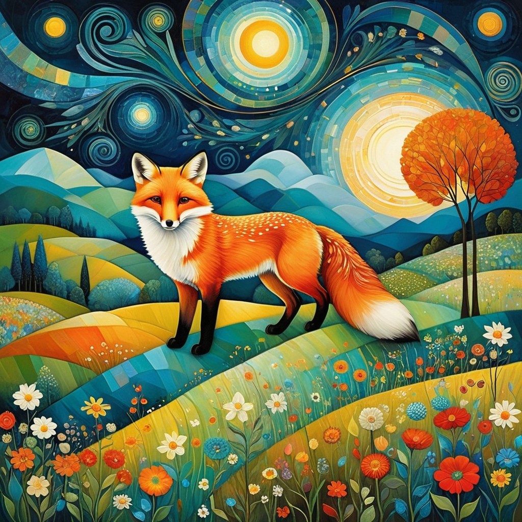 Vibrant landscape with orange fox and colorful hills