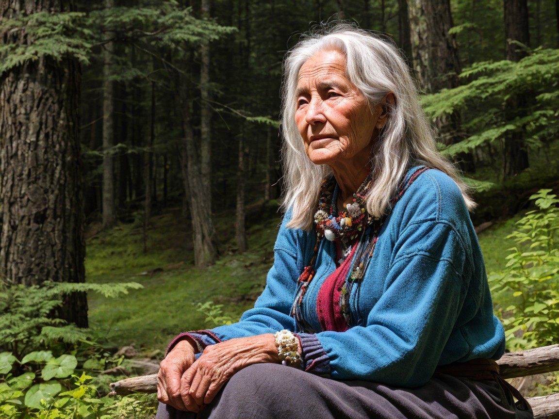 Elderly woman in vibrant sweater sitting in forest