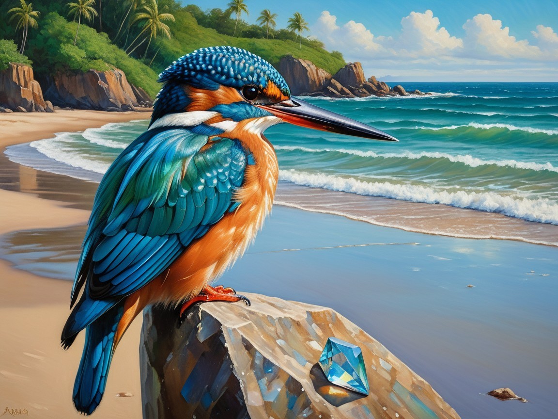 Vibrant Kingfisher on Rock by Serene Beach Scene