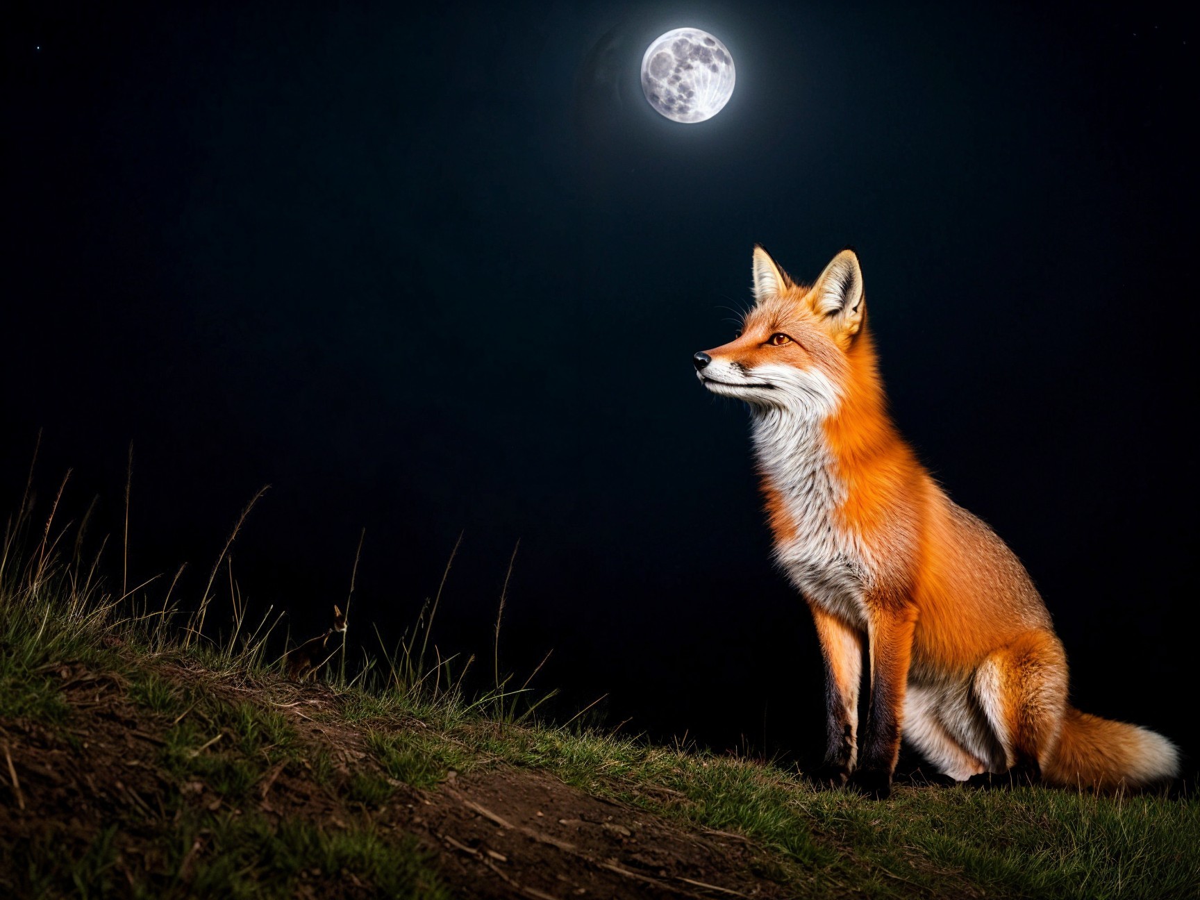 Red Fox Under Full Moon on Grassy Slope at Night
