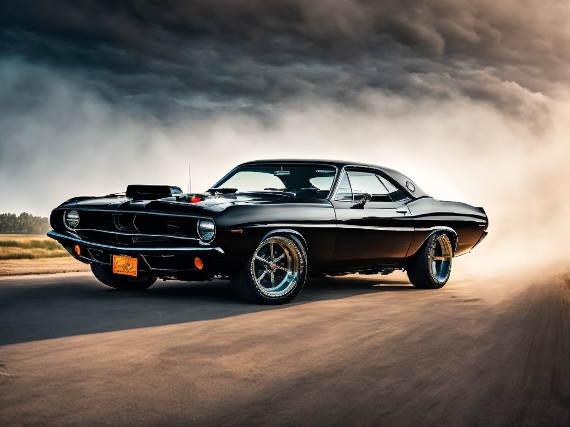 1970 Plymouth Barracuda on Smoky Road with Dramatic Sky