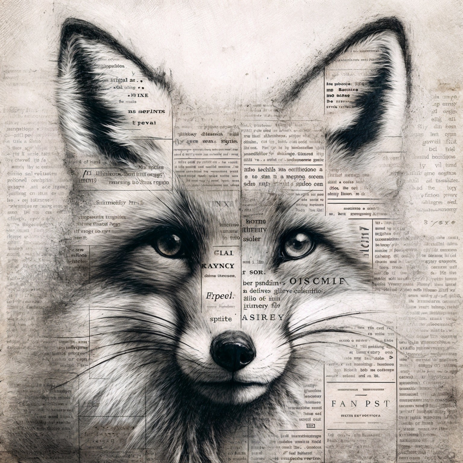 Fox Portrait with Newspaper Clippings and Textured Background