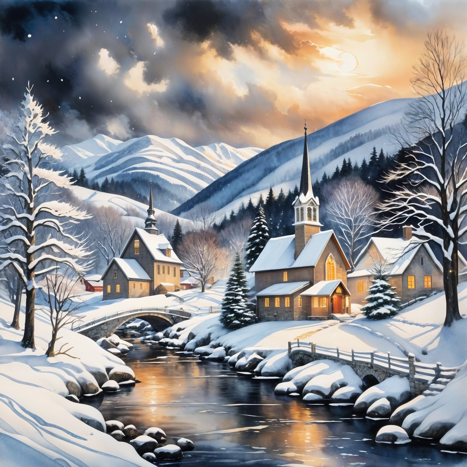 Serene Winter Landscape with Village and Mountains