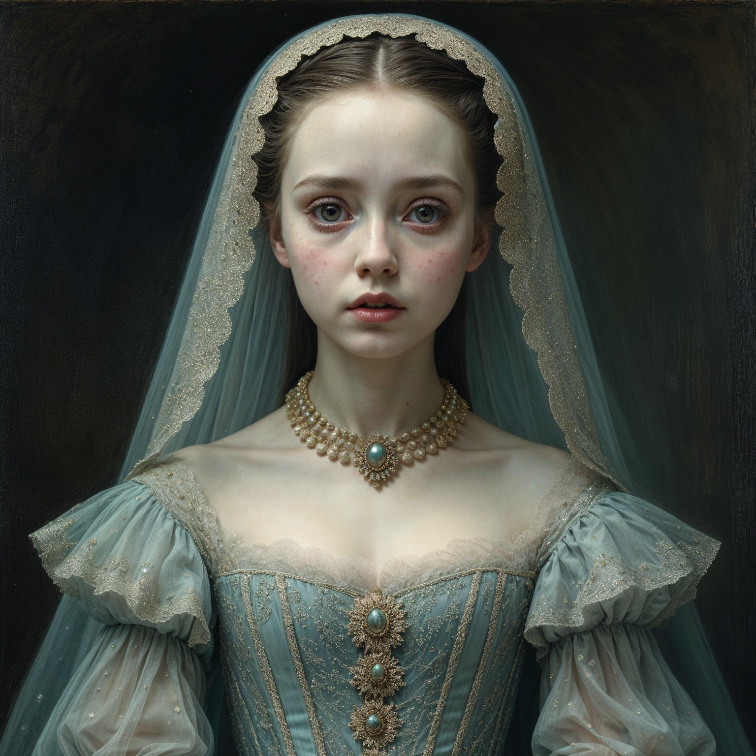 Young woman in historical blue gown with delicate features