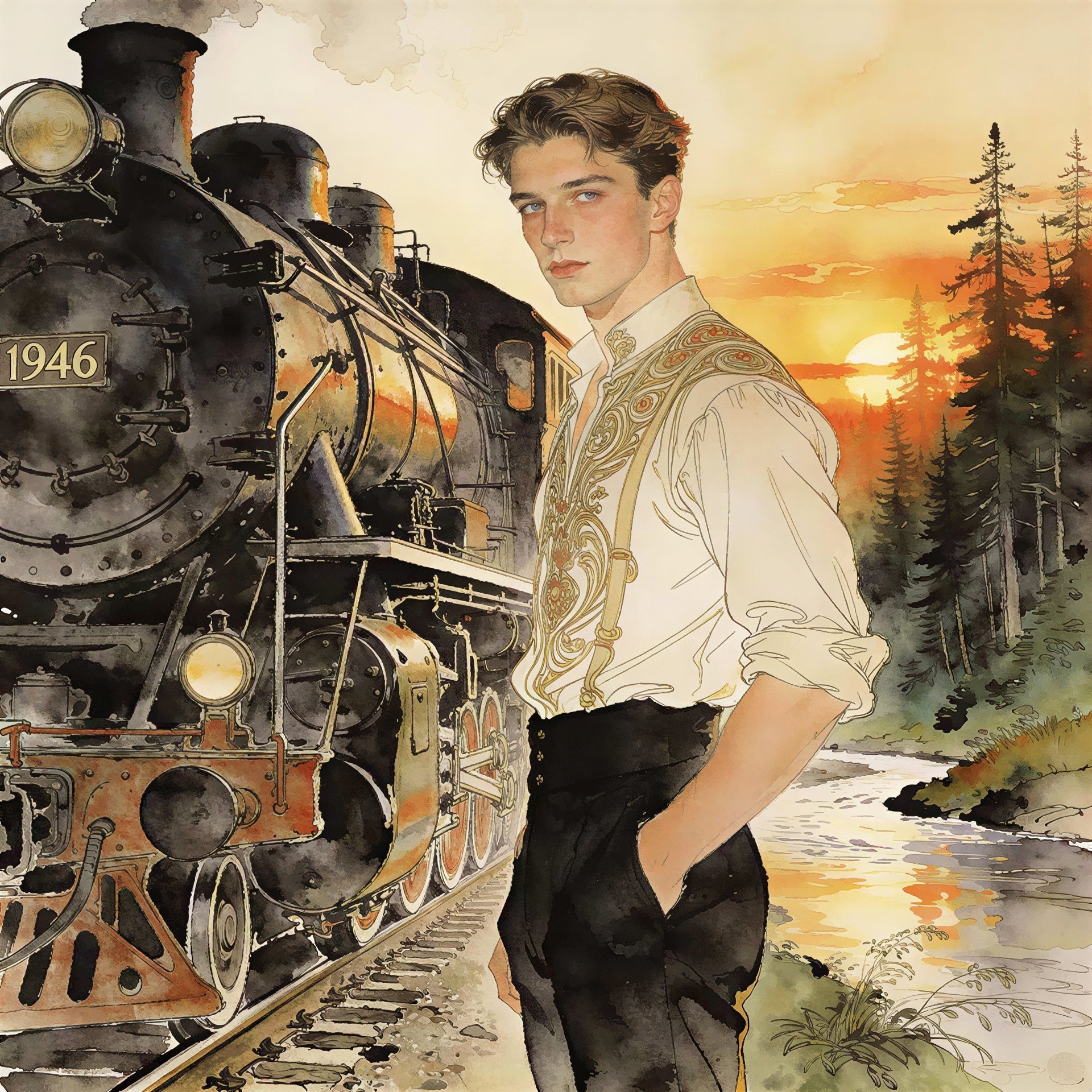 Watercolor Illustration of Young Man by Vintage Locomotive