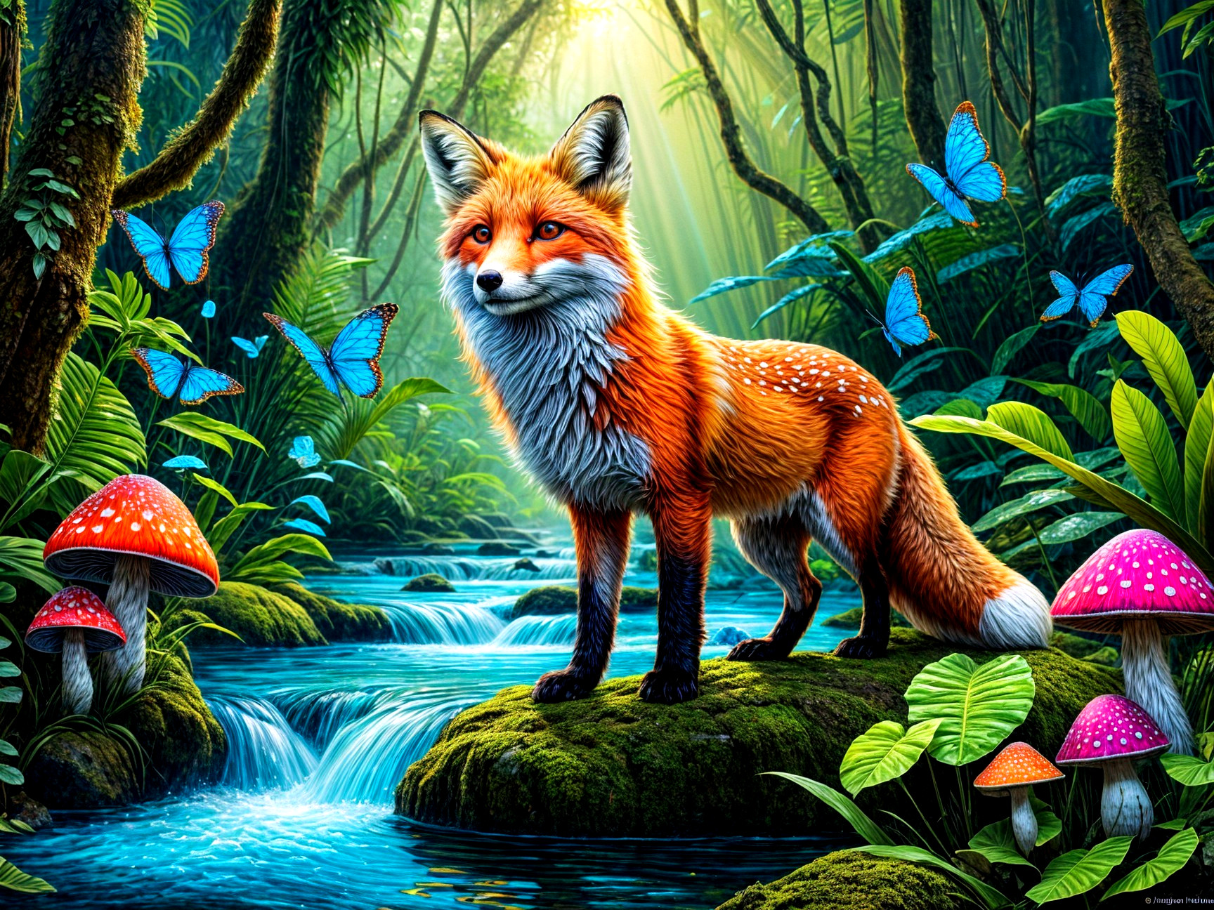 Majestic red fox in a vibrant jungle setting