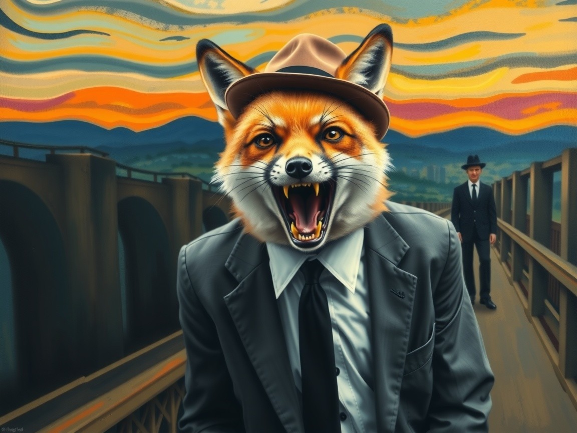 Fox in Suit on Bridge at Dramatic Sunset