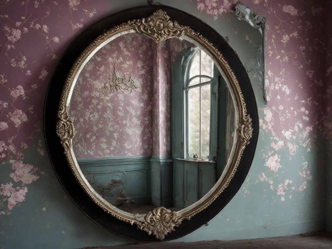 Large Ornate Round Mirror in Vintage Room Setting