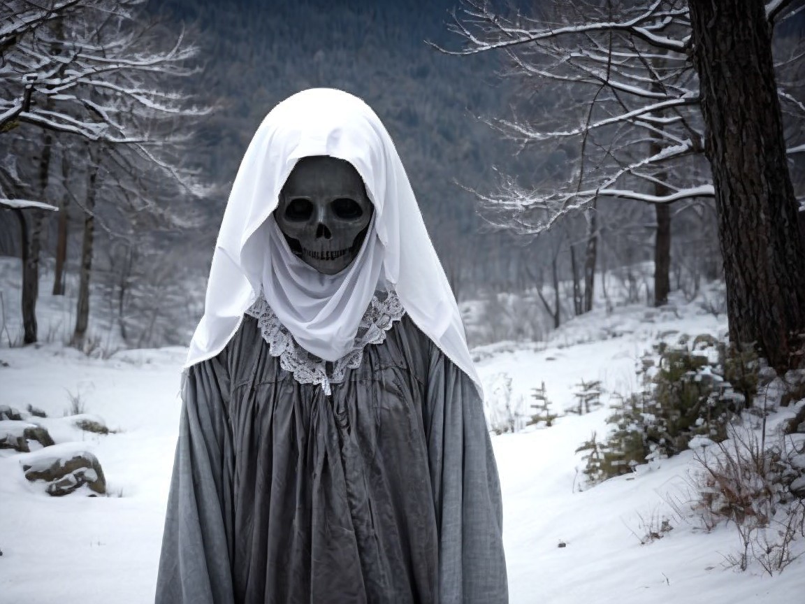 Skeletal Figure in a Haunting Winter Landscape