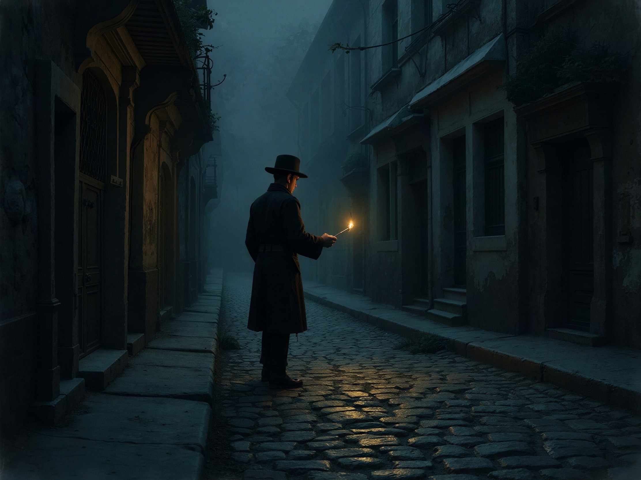 Man in Black Coat and Fedora on Foggy Cobblestone Street