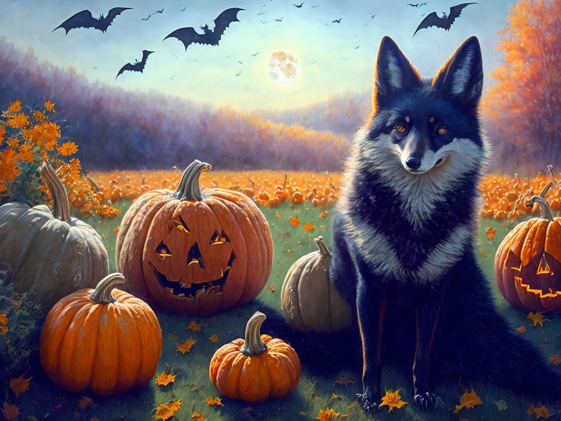 Autumn Scene with Black Fox in Pumpkin Patch