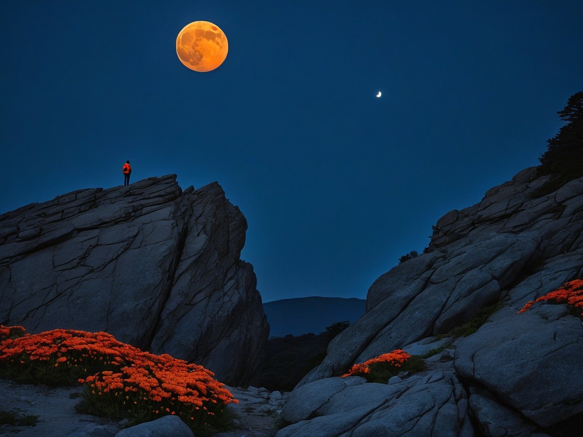Vibrant Night Scene with Full Moon and Orange Flowers