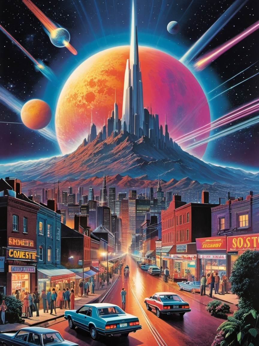 Vibrant Retro-Futuristic City Under Starry Sky