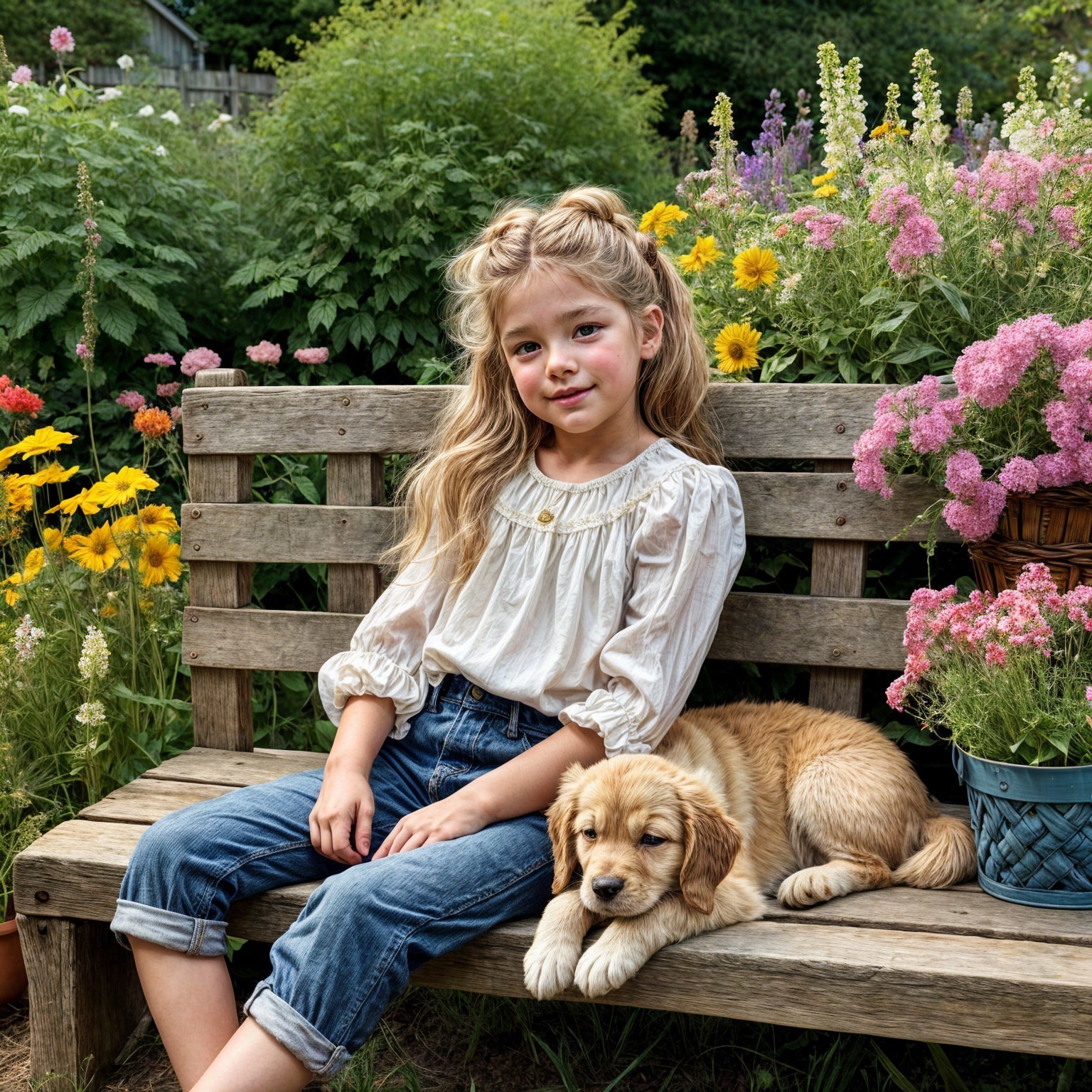 Young girl with puppy in a colorful garden setting