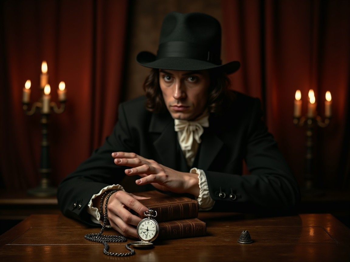 Mysterious Figure with Pocket Watch in Dimly Lit Setting