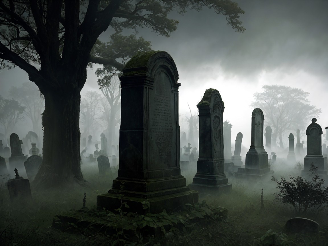 Eerie graveyard with mist and weathered tombstones