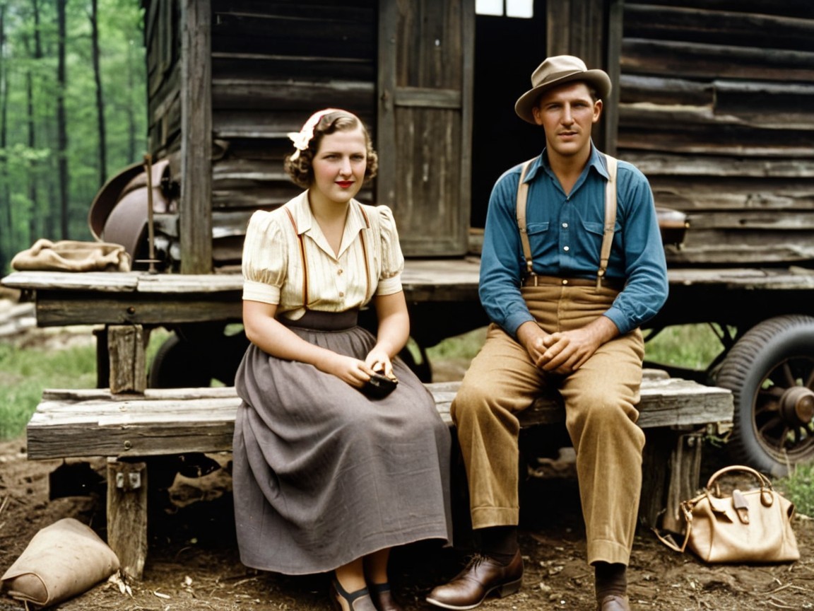 Outdoor Scene of a Man and Woman on a Wooden Bench