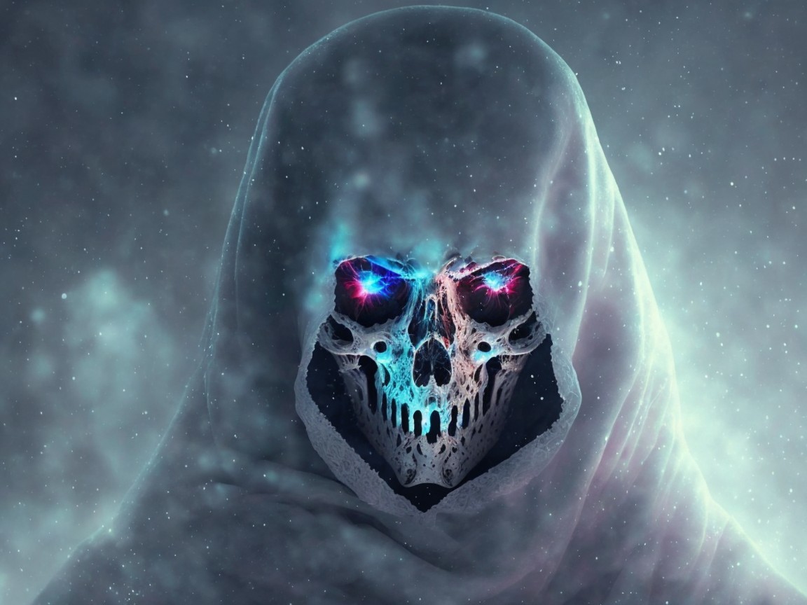 Mysterious figure with glowing skull and ethereal light