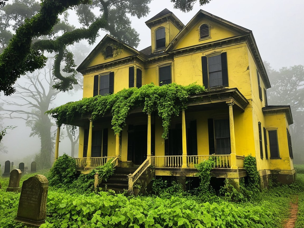 Victorian House Surrounded by Fog and Graveyard