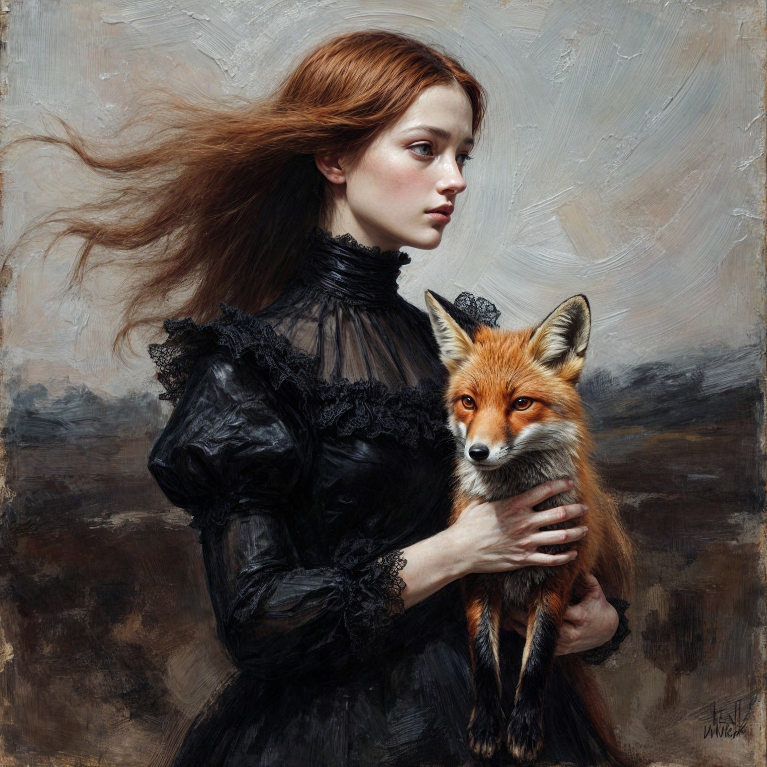 Portrait of a Young Woman with a Fox in Black Dress