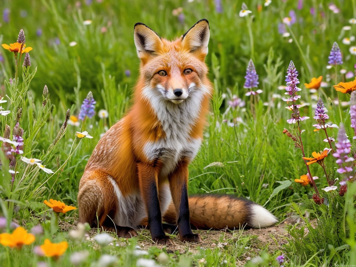 Red Fox in Blooming Meadow with Wildflowers